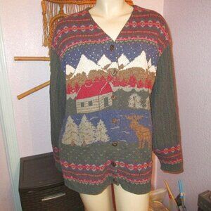 Vtg Northern Treasures Cable Knit Cardigan Size L Fair Isle Mountains Moose EUC